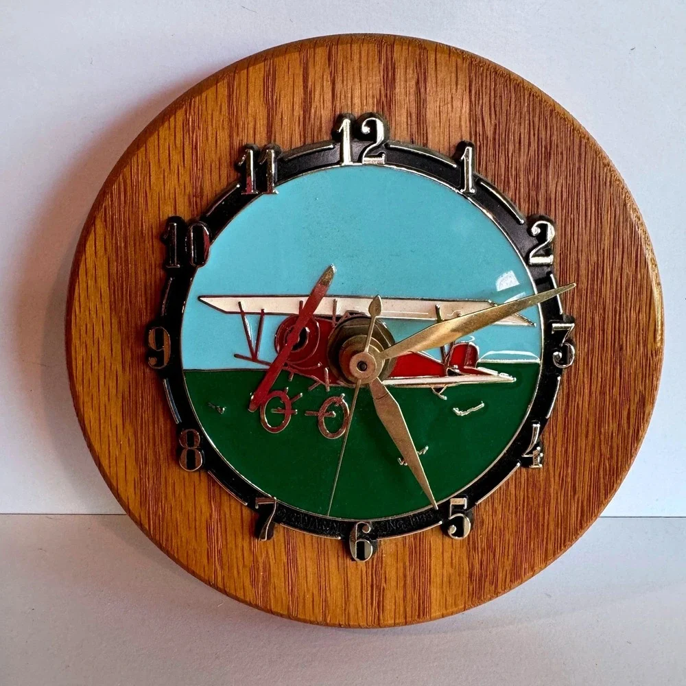 Vintage 1993 Airplane Wall Clock Aviation Decor Wood Quartz Working